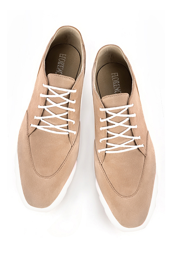 Biscuit beige women's casual lace-up shoes. Square toe. Low rubber soles. Top view - Florence KOOIJMAN